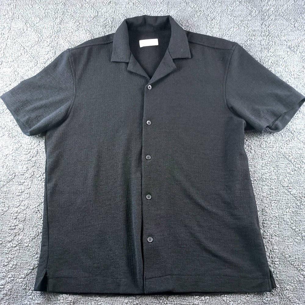 Zara Black Textured Knit Button Up Camp Collar Shirt Short Sleeve 7545/475 M